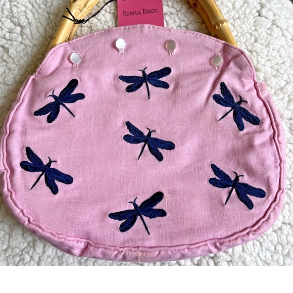 Donna Dixon Small Handbag Dragonflies Embroidered Fabric Bamboo Handle, New - Picture 11 of 11